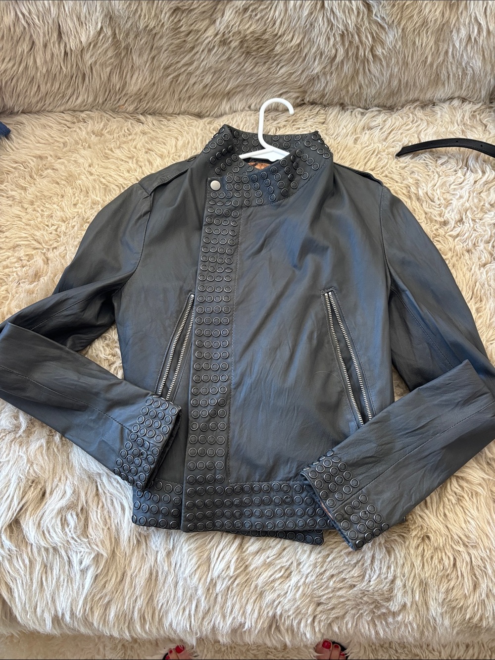 Womens dark grey Stud-Accent Leather Jacket